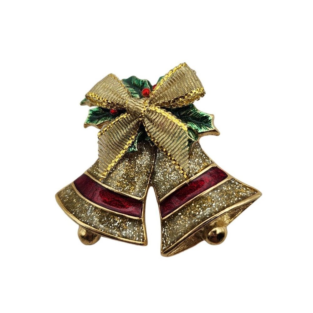 Vintage Gold Tone Glitter Enamel Christmas Bells with Gold Bow Brooch Pin